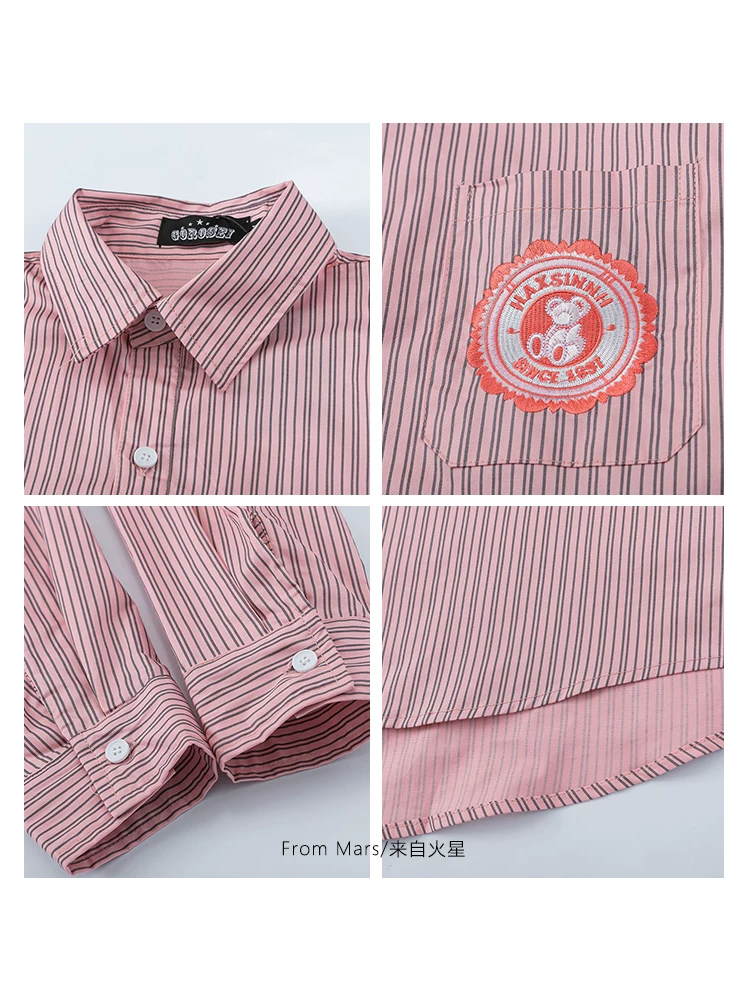 Từ sao Hỏa đang dẫn đầu, phong cách preppy, áo sơ mi dài tay có dây buộc hình gấu, kiểu dáng rộng rãi, mặc cho cặp đôi