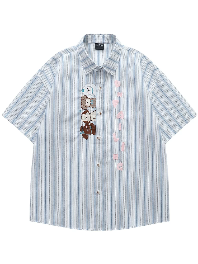 From Mars Puppy Happy Summer Áo sơ mi ngắn tay dáng rộng phong cách Nhật Bản thêu hình động vật Unisex