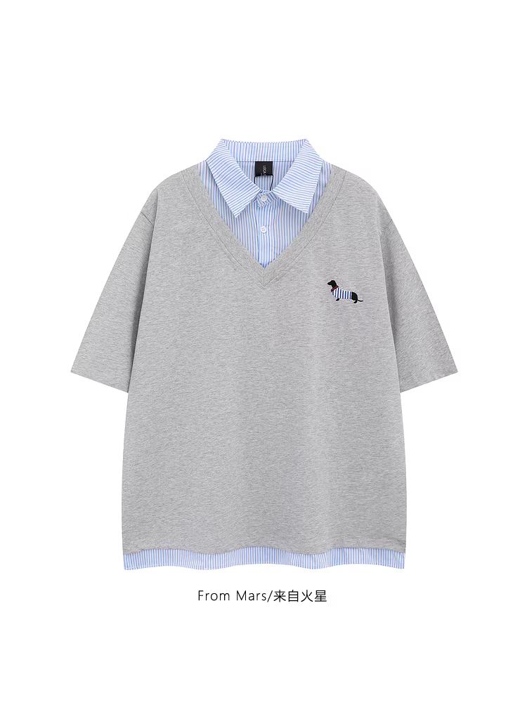 From Mars Walking Puppy Phong cách Harajuku Mùa hè chắp vá sọc cổ áo polo tay ngắn giản dị Unisex đa năng