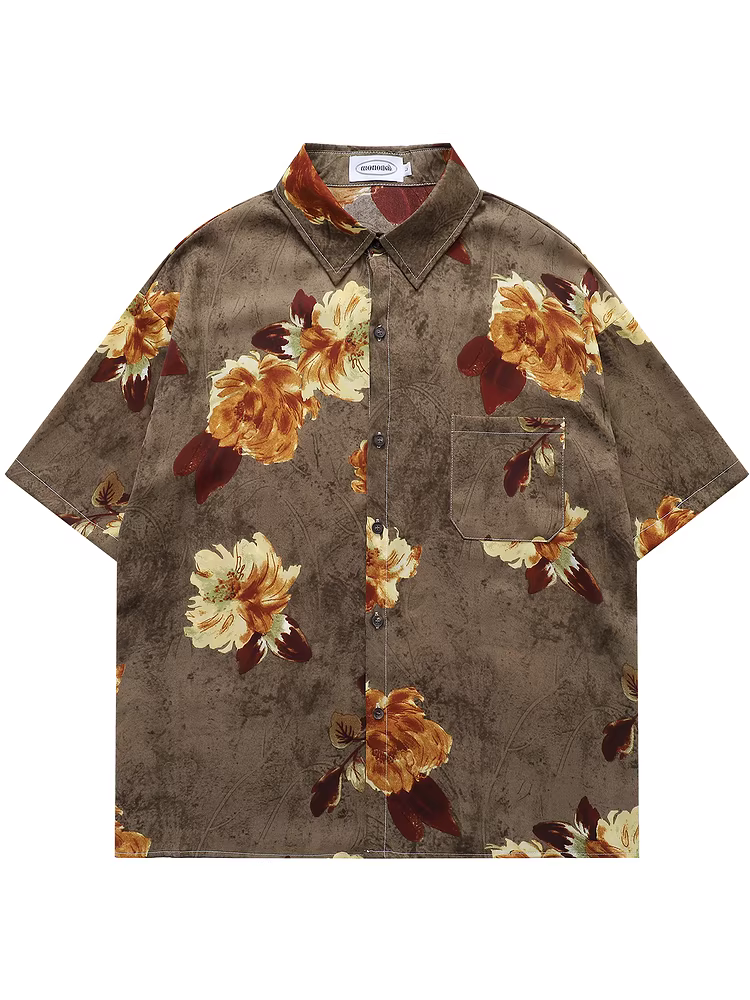 Từ sao Hỏa Hoa nở rộ dọc đường Phong cách hoa mùa hè cổ điển Áo sơ mi hoa ngắn tay dáng rộng đi biển mỏng cho cặp đôi