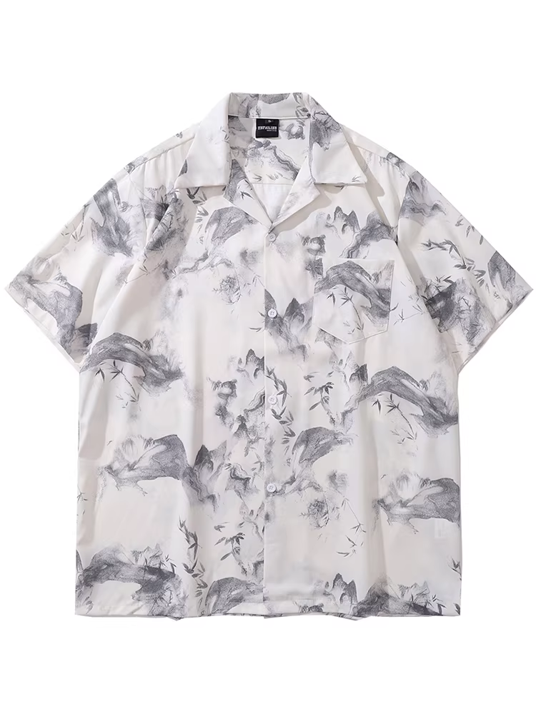 Từ Mars Shan Shu Film Thiết kế in họa tiết cổ điển theo phong cách Trung Quốc mới Áo sơ mi ngắn tay dáng rộng và giản dị mùa hè