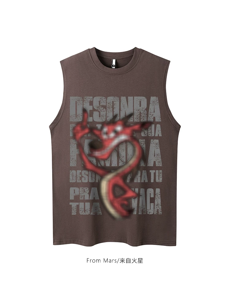 From Mars Stubborn Little Pet American Retro Hip-Hop Letter Print Áo vest không tay dáng rộng cổ tròn Unisex