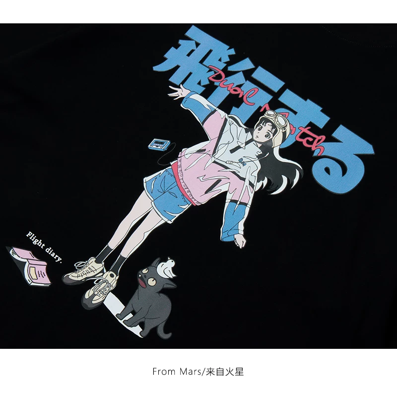 Từ Mars Flying Girl and Her Cat Phong cách cổ điển Nhật Bản JK Print Phong cách Harajuku Tay áo ngắn dáng rộng Ins