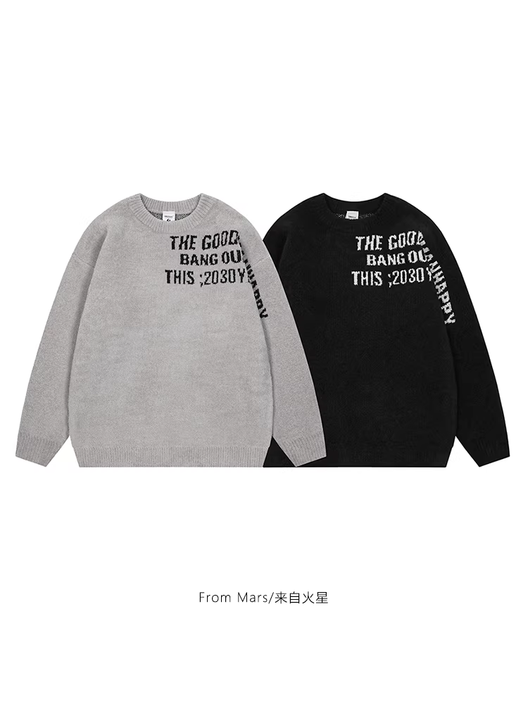 From Mars Any Words American Street Letter Jacquard Áo len dệt kim cổ tròn dáng rộng Áo len dáng rộng giản dị hợp thời trang