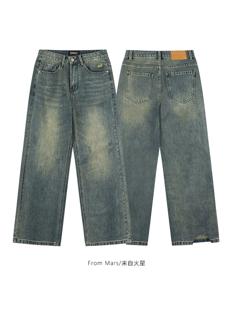 Quần jeans rách, xước, phai màu, dáng rộng, ống thẳng, xu hướng Mỹ, thương hiệu From Mars