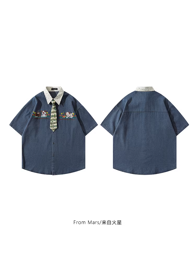 From Mars Puppy House Trendy Fun Tie Patchwork Áo sơ mi denim thêu dáng rộng tay ngắn mùa hè Ins