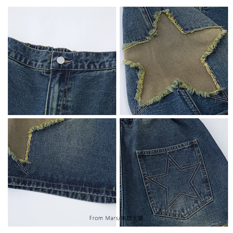 Quần short denim ống thẳng thêu hình ngôi sao theo phong cách đường phố của thương hiệu Mars thời thượng, kiểu dáng rộng rãi, đa năng, dài đến đầu gối