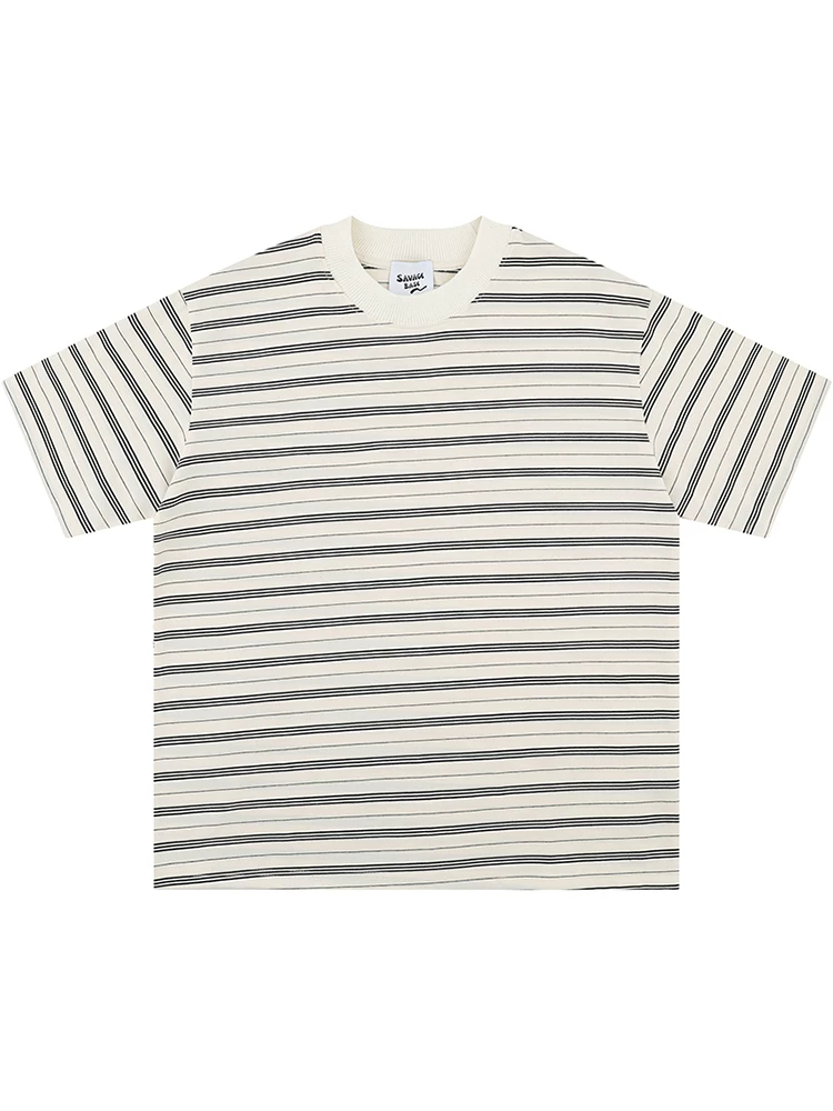 Từ Mars, áo thun ngắn tay unisex dáng rộng cổ tròn phối sọc thời trang đa năng BF được thiết kế lại