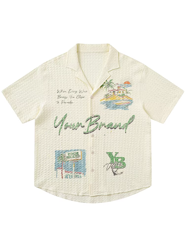 Từ Mars Seaside Beach Summer Fun Print Áo sơ mi cổ Cuba dáng rộng tay ngắn Unisex Ins