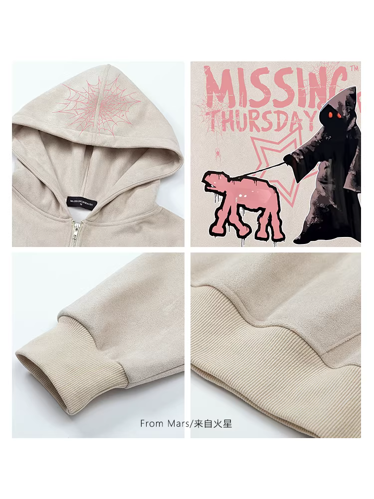 From Mars Weird World Dark Character Spider Letter Print Áo len có mũ trùm đầu bằng da lộn dáng rộng Unisex
