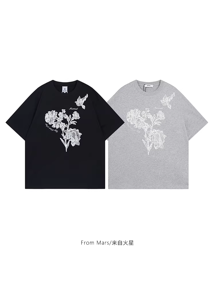 Áo thun ngắn tay unisex đa năng kiểu dáng rộng rãi cổ tròn họa tiết hoa vintage thời thượng phong cách Mars Lace Flower