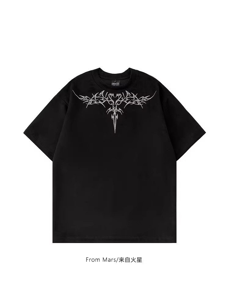 From Mars Time Lapse Áo thun ngắn tay thêu da lộn đa năng kiểu dáng rộng rãi thời trang dành cho cặp đôi