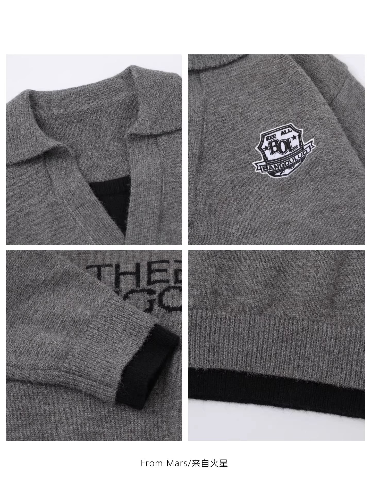 Từ thương hiệu Mars thường trưng bày những chiếc áo len dệt kim dáng rộng giả hai mảnh thêu chữ theo phong cách đường phố cổ điển dành cho nam và nữ.