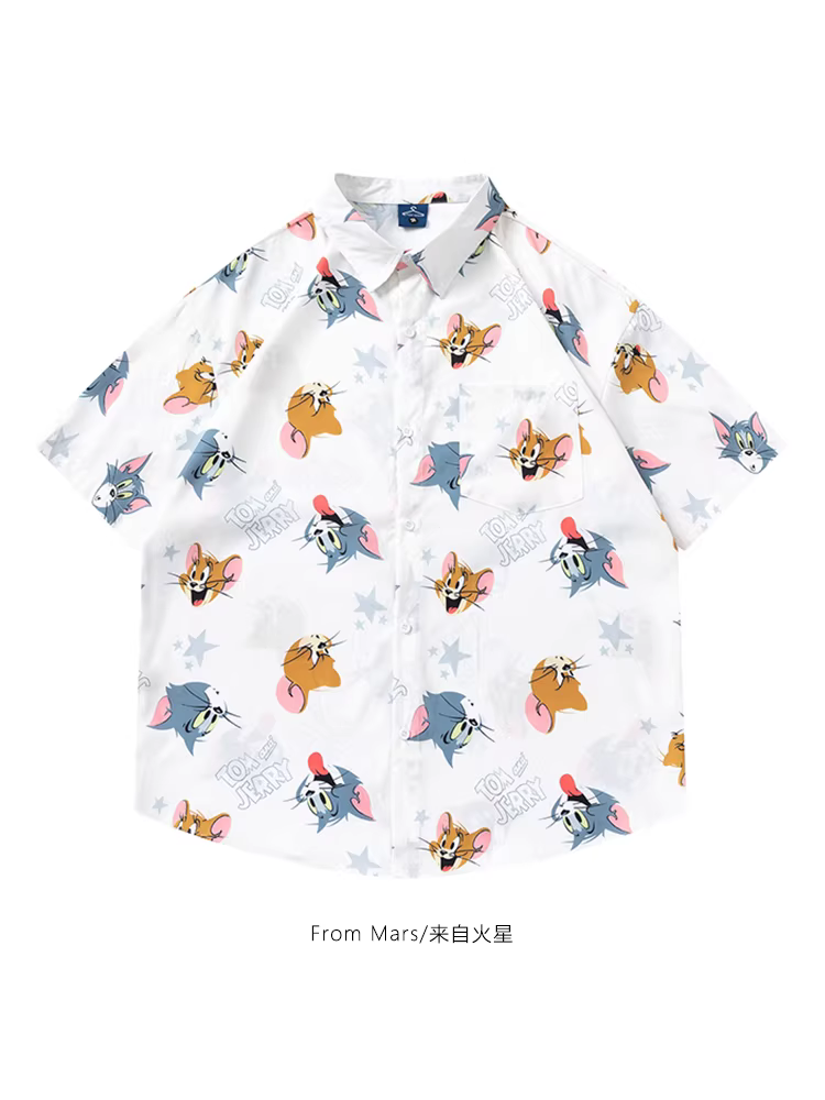 From Mars Jerry và Tom Phong cách đường phố Mỹ in hình mèo và chuột trên toàn bộ áo sơ mi ngắn tay dáng rộng, giản dị