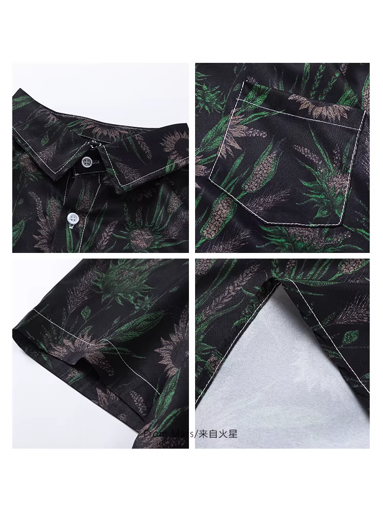 Từ sao Hỏa, những ngọn núi đang nở hoa rực rỡ, áo sơ mi ngắn tay in họa tiết hoa cổ điển châu Âu và Mỹ, áo sơ mi dáng rộng kiểu Hawaii