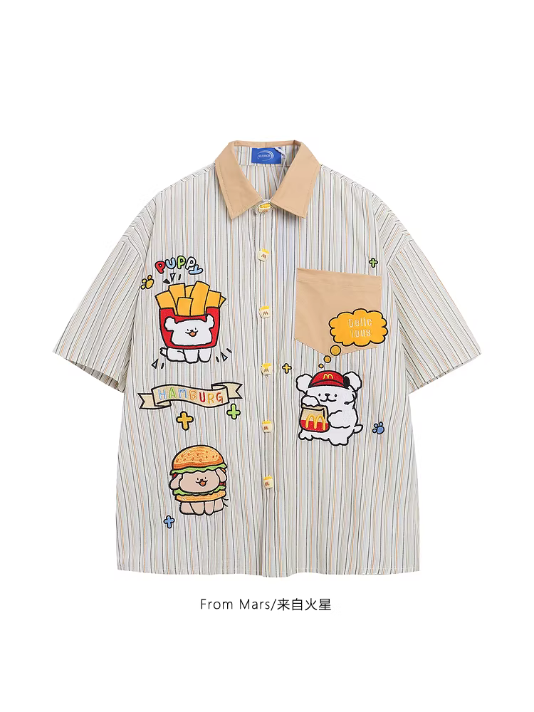 From Mars French fries puppy Phim hoạt hình Nhật Bản thêu vui nhộn mùa hè chắp vá áo sơ mi ngắn tay sọc rộng