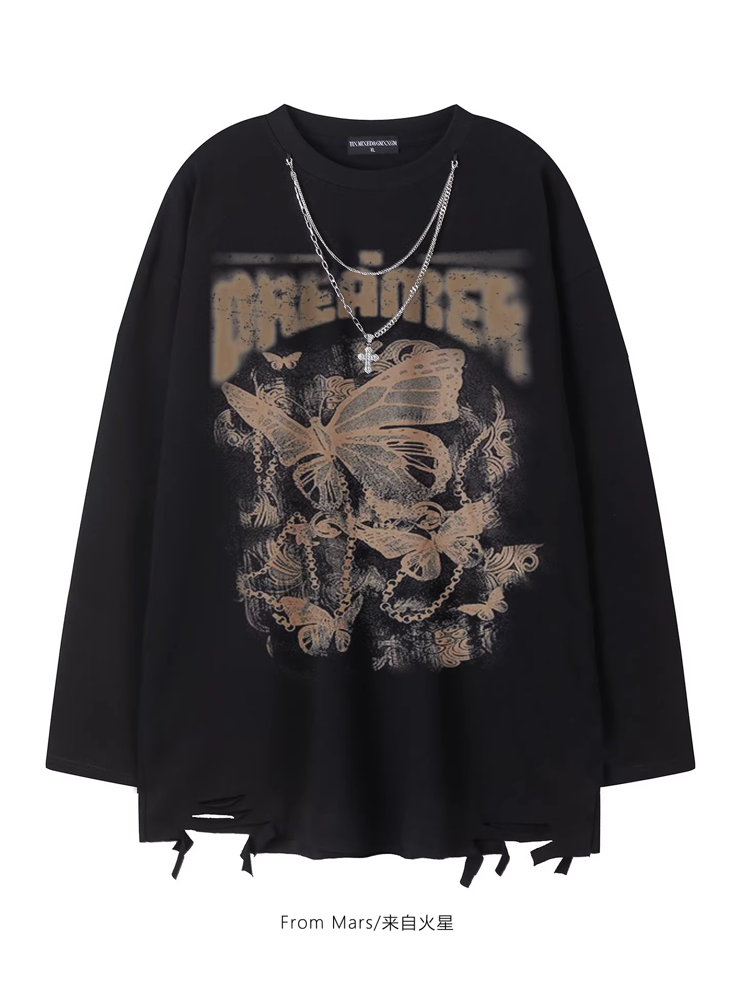 From Mars Free Flight Phong cách đường phố Mỹ Vòng cổ in hình bướm Áo thun dài tay dáng rộng Distressed BF Couple