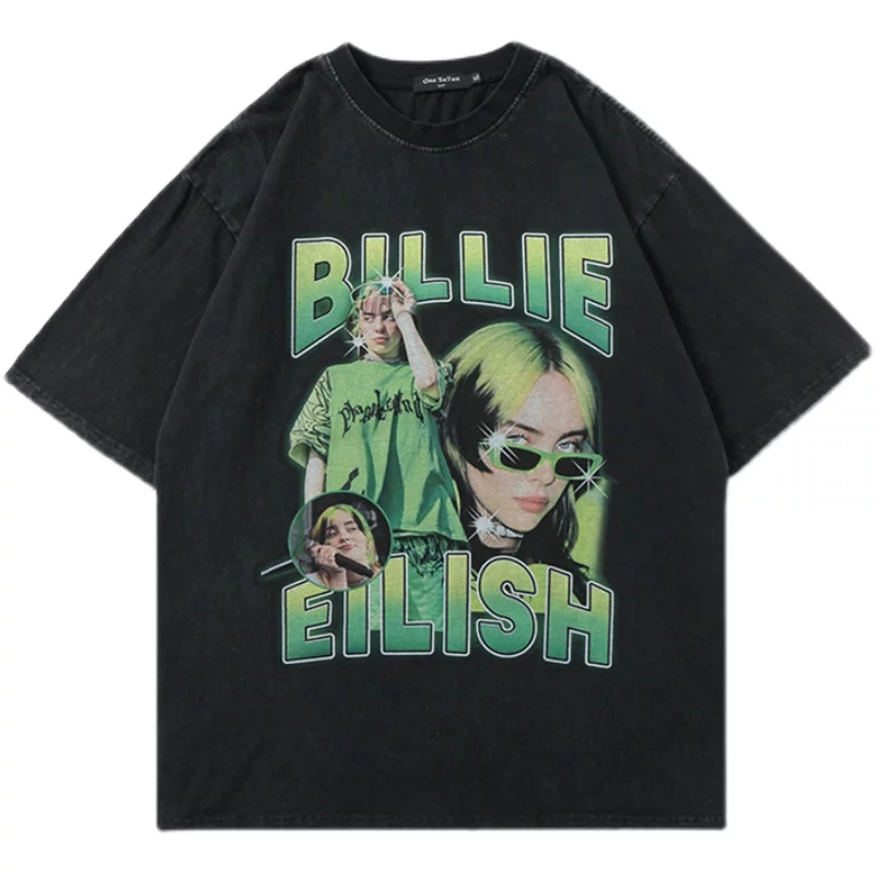 Từ sao Hỏa Nhân vật cổ điển Mỹ Billie Eilish, ca sĩ hip-hop, in hình áo thun hip-hop dáng rộng mùa hè