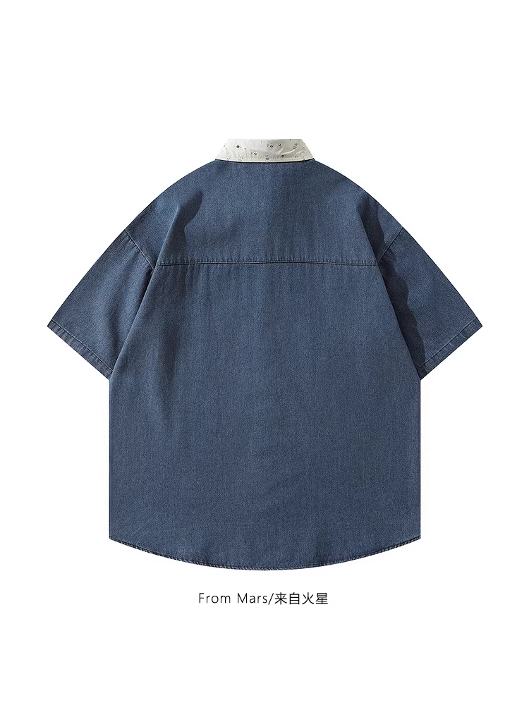 From Mars Puppy House Trendy Fun Tie Patchwork Áo sơ mi denim thêu dáng rộng tay ngắn mùa hè Ins