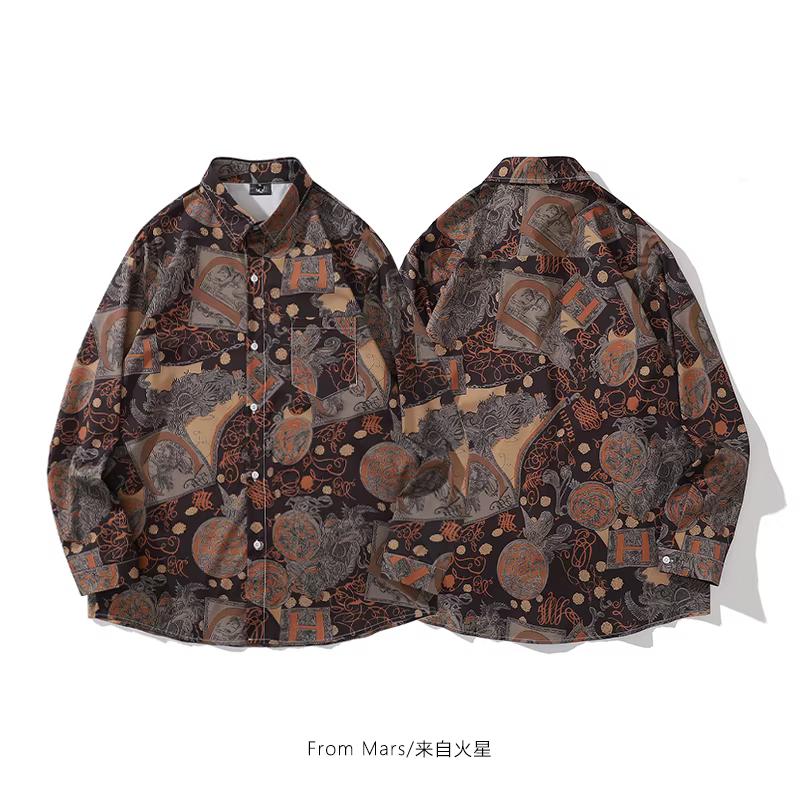 Từ thương hiệu thời trang Trung Quốc Mars, áo sơ mi dài tay in họa tiết dân tộc cổ điển, phong cách đường phố hip-hop, đa năng.