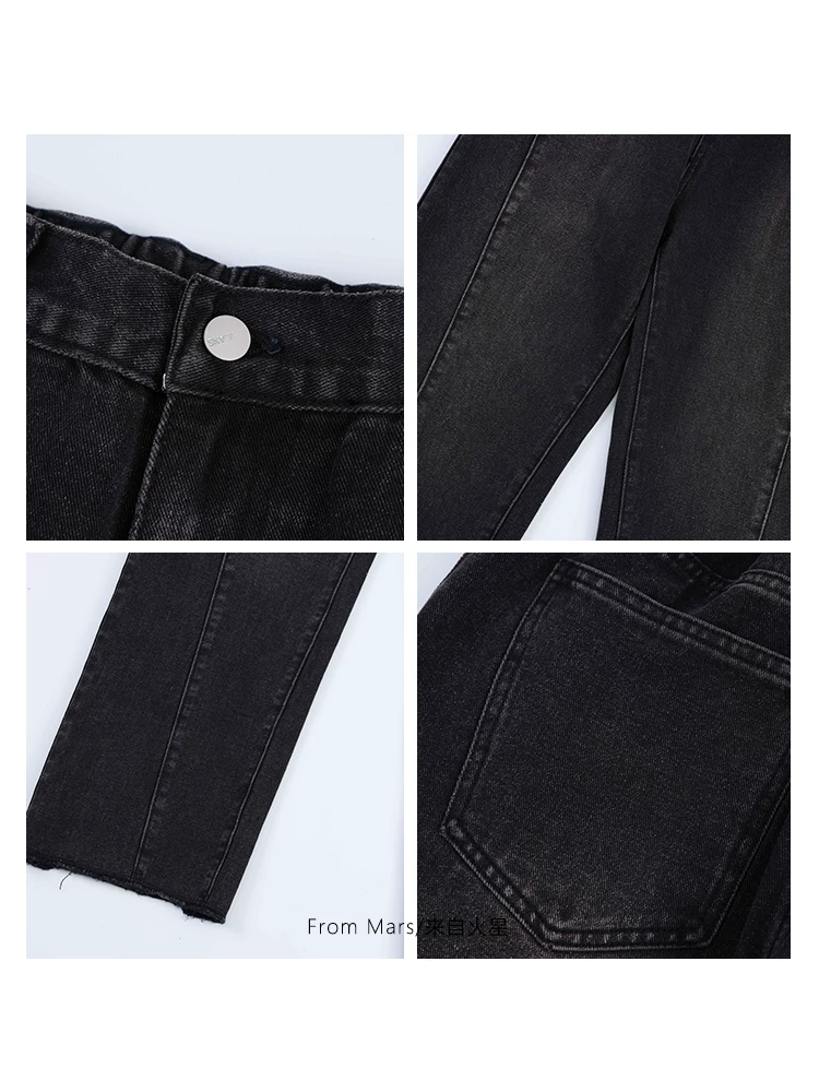 Quần ống rộng thẳng kiểu vintage phong cách Hồng Kông, chất liệu washed, phong cách đường phố, dáng rộng, thoải mái, chất liệu jean.
