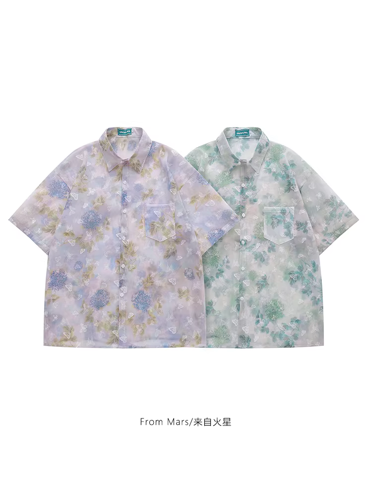 From Mars Colorful Butterfly National Trend Butterfly All-Over Print Áo sơ mi ngắn tay dáng rộng mùa hè mỏng cá tính dành cho nam và nữ