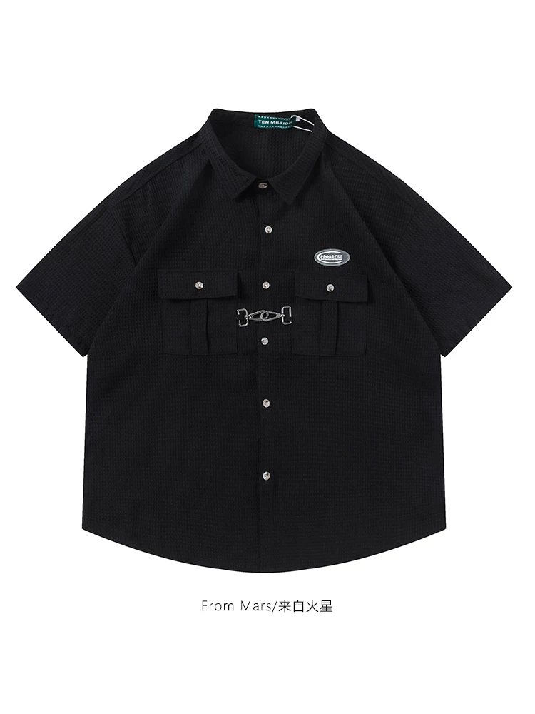 Từ sao Hỏa, bước vào thế giới của màu sắc: Áo sơ mi ngắn tay unisex màu trơn phong cách đường phố Trung Quốc, dáng rộng, thoải mái.