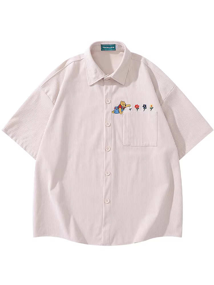 From Mars touch the little flower hoạt hình gấu thêu hoa túi lật áo sơ mi ngắn tay dáng rộng cặp đôi bf