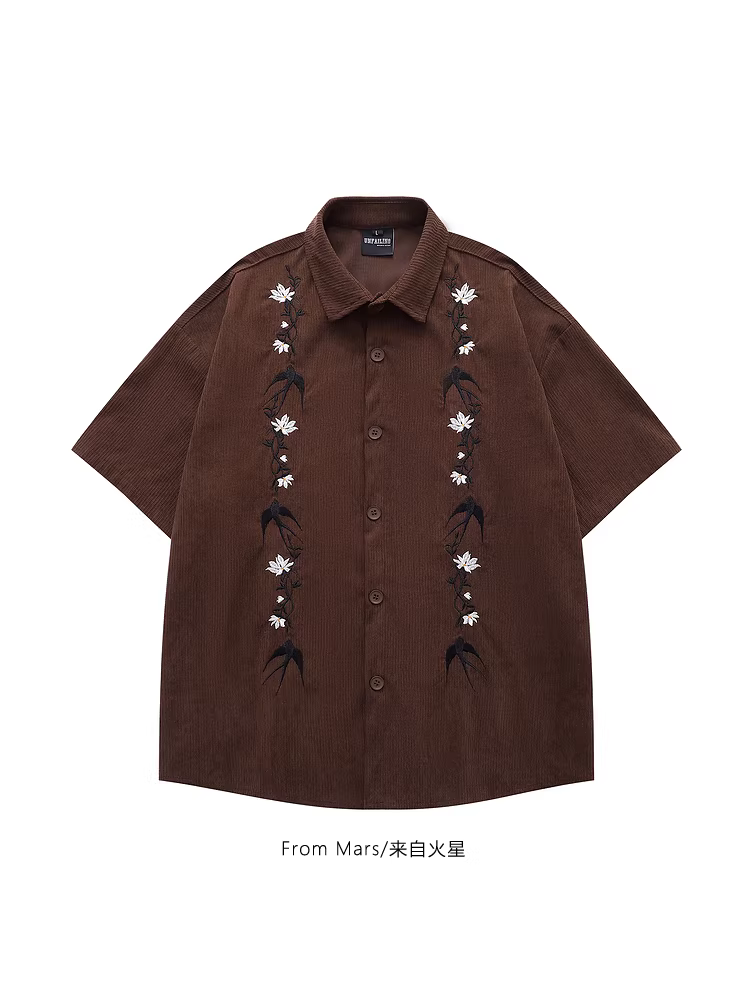Từ sao Hỏa Hoa mùa hè không bao giờ thất bại Thêu hoa cổ điển Phong cách Hồng Kông Áo sơ mi ngắn tay dáng rộng bằng vải nhung mùa hè BF