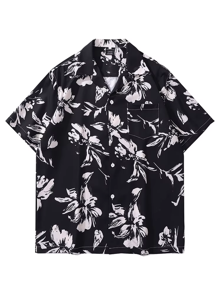 Từ Sao Hỏa Áo sơ mi ngắn tay in họa tiết cổ điển phong cách Hồng Kông màu đen trắng Unisex mùa hè dáng rộng thường ngày