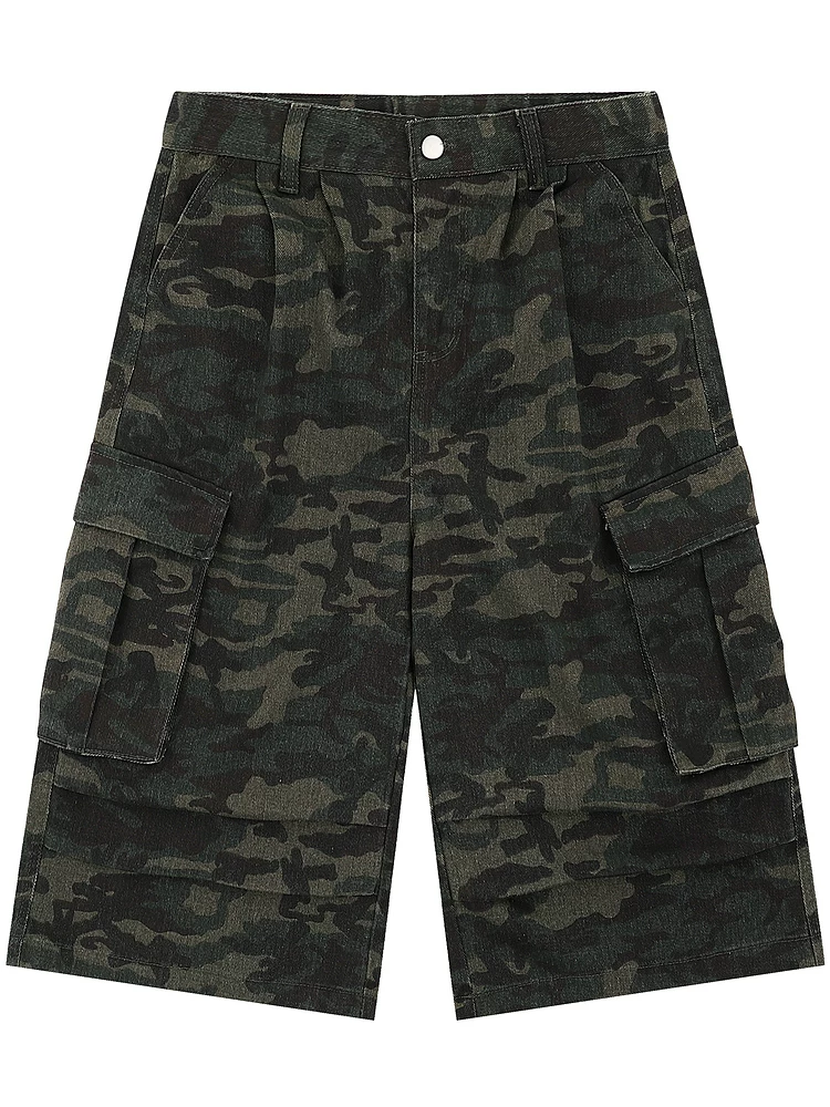 Từ sao Hỏa Một chút hồi hộp Quần short denim xếp ly ngụy trang cổ điển châu Âu và Mỹ Quần short denim xếp ly unisex mùa hè Quần crop dáng rộng