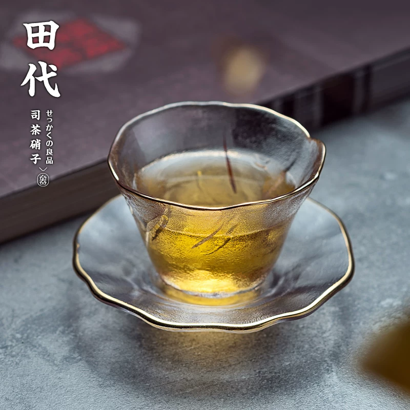Tách trà viền vàng kiểu Nhật kèm đĩa lót, chén chủ, chén nếm, chén thơm, bộ trà kung fu, chén trà nhỏ.