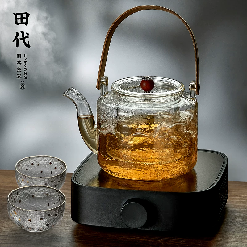Ấm trà kiểu Nhật có tay cầm bằng tre, họa tiết búa, thủy tinh chịu nhiệt, dụng cụ pha trà có thể đun nóng, bếp pha trà, bộ ấm trà, bộ ấm trà.