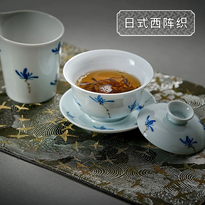 Khăn trải bàn trà Nhật Bản Nishijin thêu vải cotton và lanh, khăn trải bàn trà thêu họa tiết hiện đại, chống thấm nước, dạng dải dài.