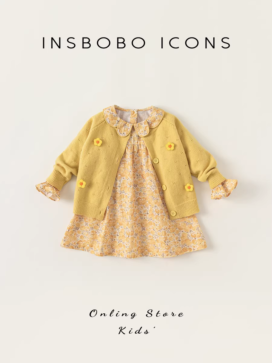 Bộ trang phục bé gái INSbobo thu đông 2025, kiểu dáng thời trang, đầm hoa hai mảnh, đầm thu cho bé