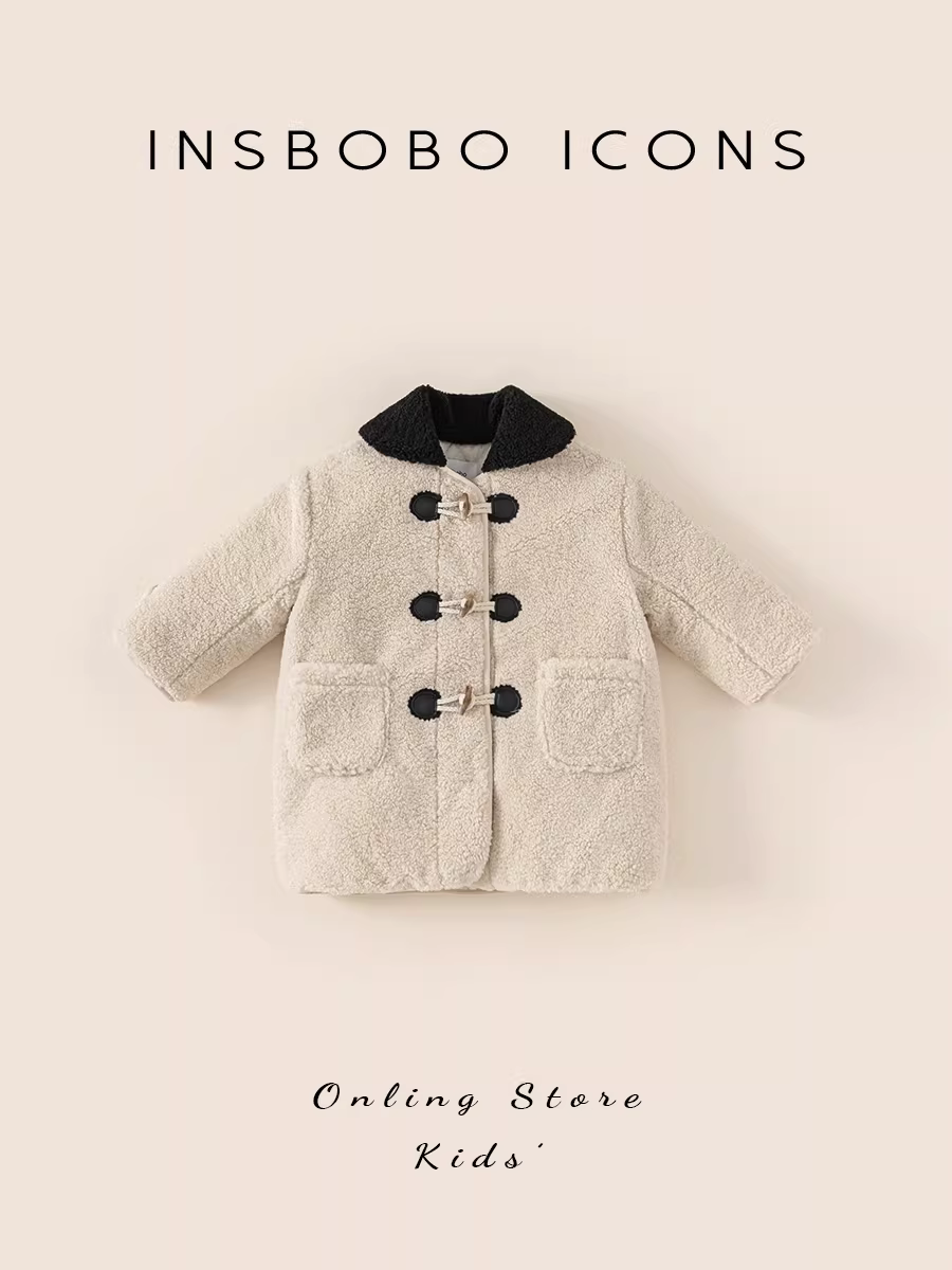 Áo khoác ngoài mùa thu đông INSbobo cho bé gái, áo len lông phối màu thời trang dài trung bình, áo khoác lót bông trẻ em nam cá tính, hợp xu hướng