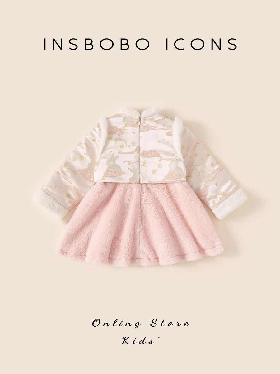 Đầm Hanfu INSbobo cho bé gái mùa đông 2025 kiểu mới, bộ đồ liền thân kiểu Tang có lớp lót giữ ấm cho bé gái một tuổi, trang phục mùa đông