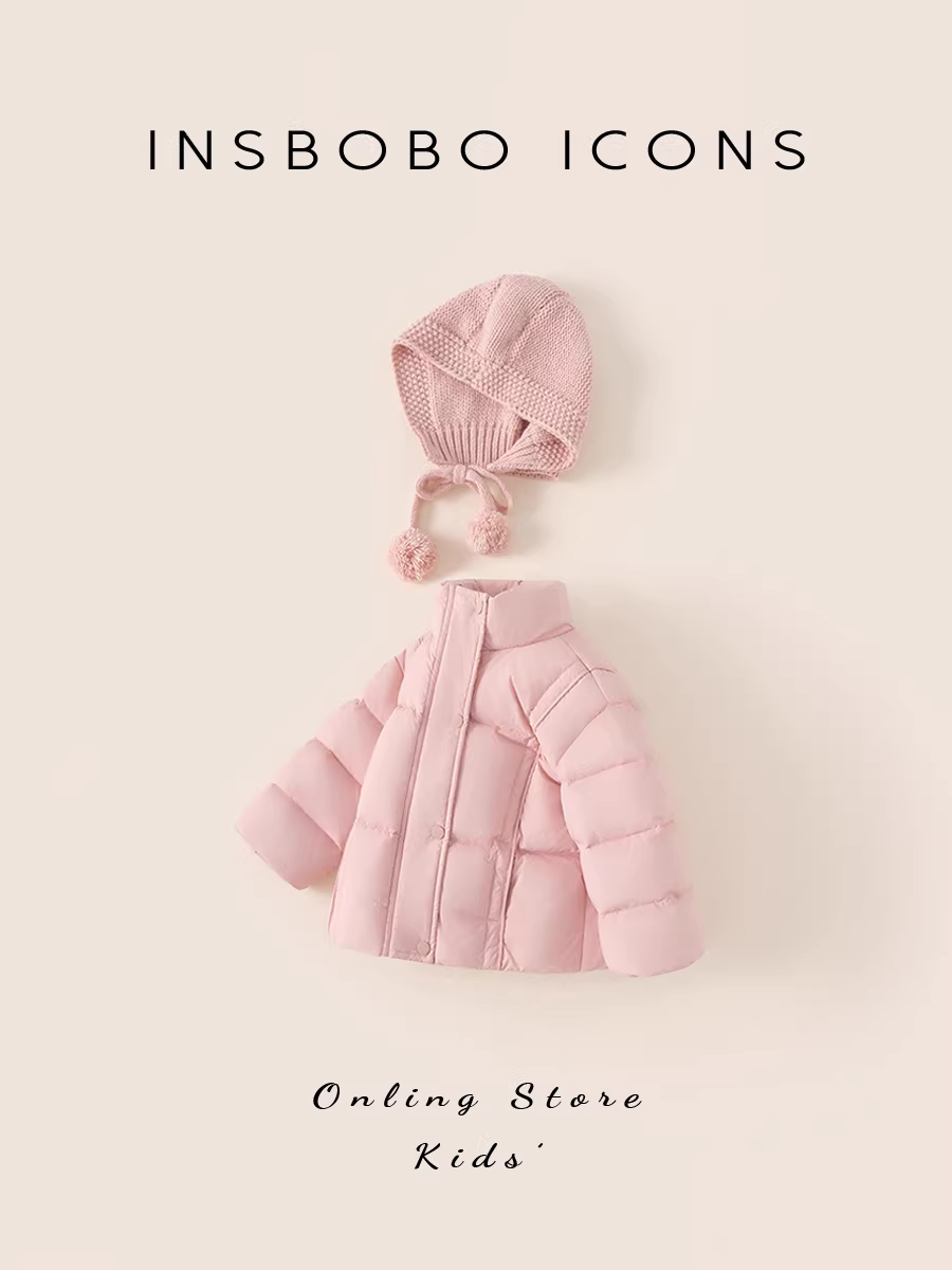 Áo khoác phao bé gái INSbobo mùa đông 2025, áo khoác ngoài trẻ em mới, áo khoác ấm mùa đông cho bé
