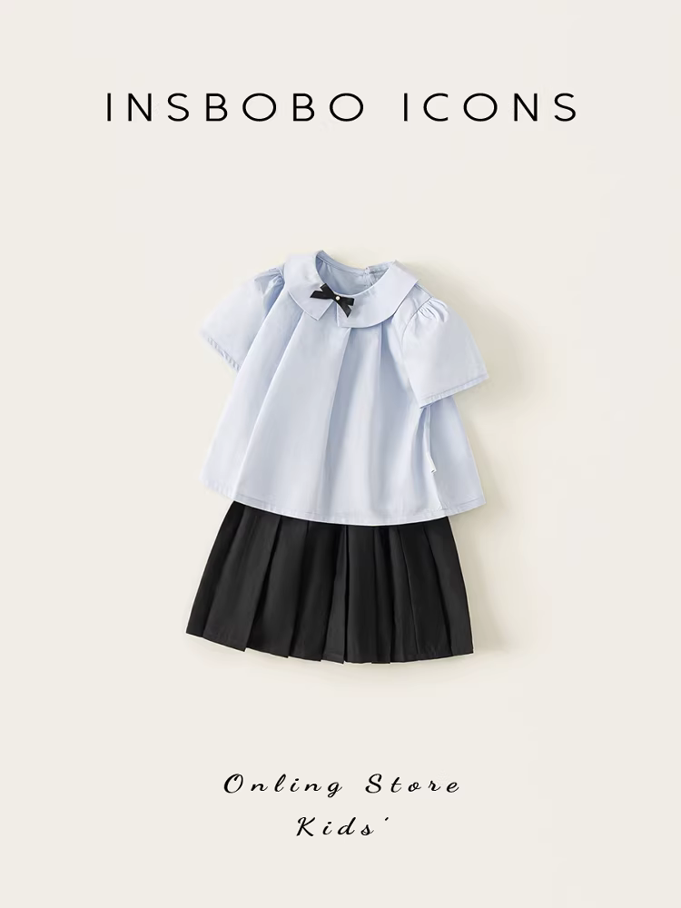 Bộ trang phục hè INSbobo cho bé gái 2025, trang phục đầu hè cho bé gái, áo sơ mi phong cách preppy bộ hai mảnh, quần áo trẻ em, chất liệu mỏng
