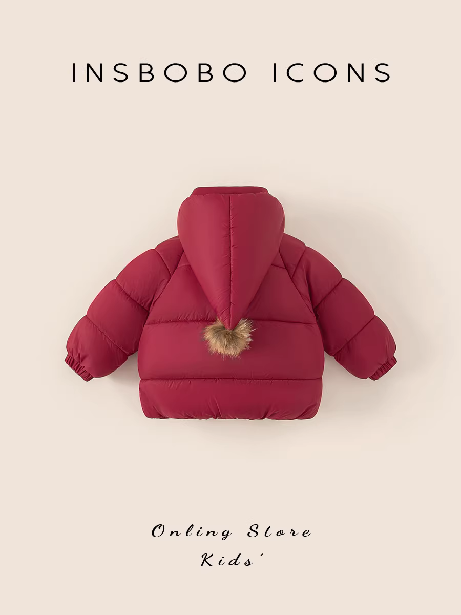 Áo khoác cotton bé gái INSbobo mùa đông 2025, áo khoác cotton thời trang cho bé gái, quần áo mùa đông bé gái, áo khoác cotton có mũ màu đỏ, kiểu dáng thời thượng