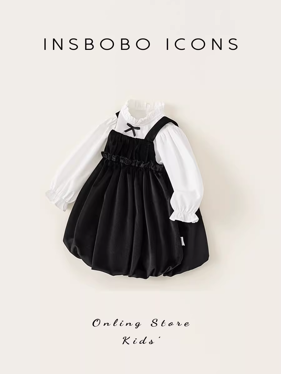 Bộ đồ thu đông INSbobo cho bé gái, mẫu mới 2025, chân váy nơ hoa, yếm hai mảnh
