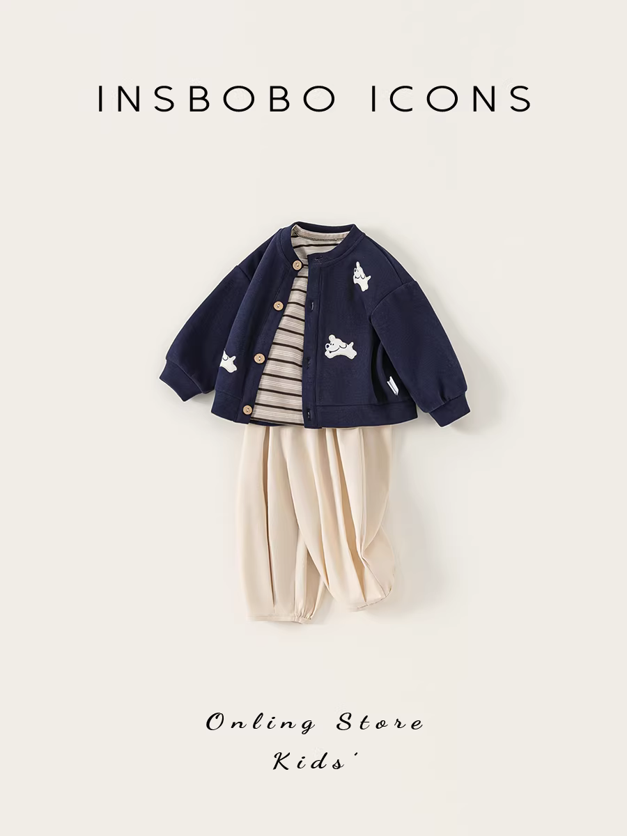 Bộ đồ bé INSbobo thu đông 2025 kiểu mới, áo khoác cardigan thời trang cho bé trai, bộ ba món, quần áo bé mùa xuân thu