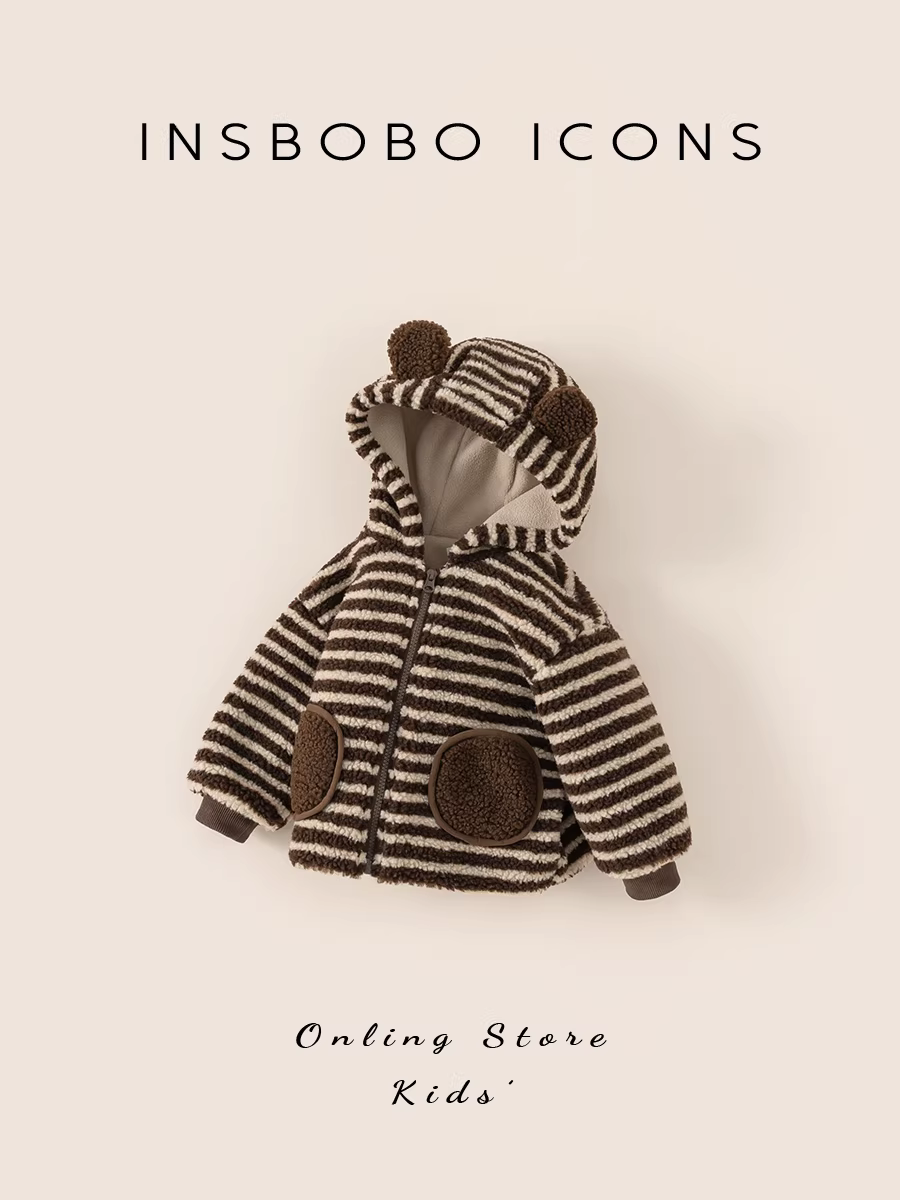 Áo khoác bé trai INSbobo mùa đông 2025, quần áo trẻ em mới, áo lót lông cừu bé gái, thời trang thu đông