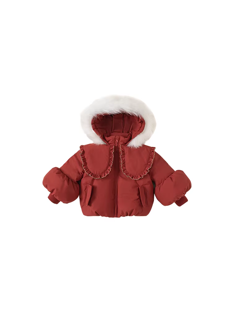 Áo khoác phao bé gái kiểu mới 2024, áo khoác phao mùa đông cho bé gái, tay đèn lồng màu đỏ, trang phục Tết thời trang