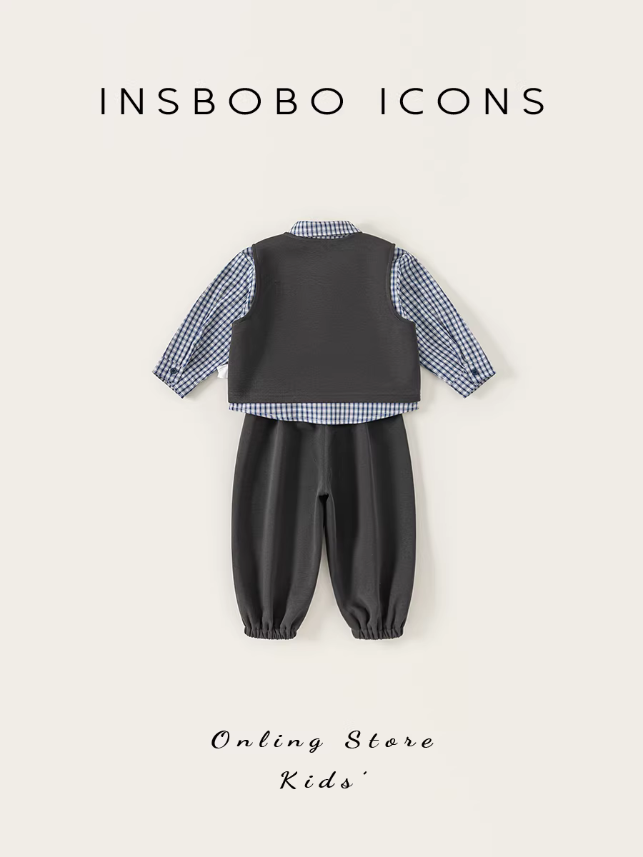 Bộ vest bé trai INSbobo thu sớm 2025, trang phục thu mới, quần áo trẻ em, áo gile ba món thời trang