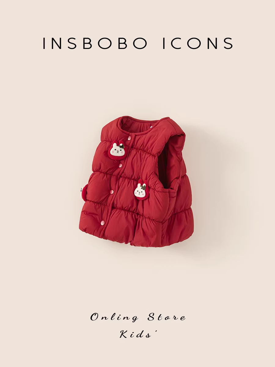 Quần áo cotton bé gái INSbobo thu đông 2025, áo gile đỏ mùa đông dày dặn cho bé