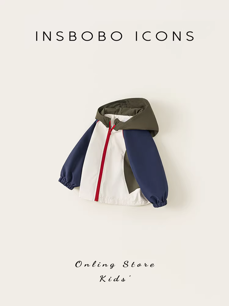 Áo khoác bé trai INSbobo thu đông 2025 kiểu mới, áo khoác có mũ trẻ em, áo gió trẻ em thời trang thu đông