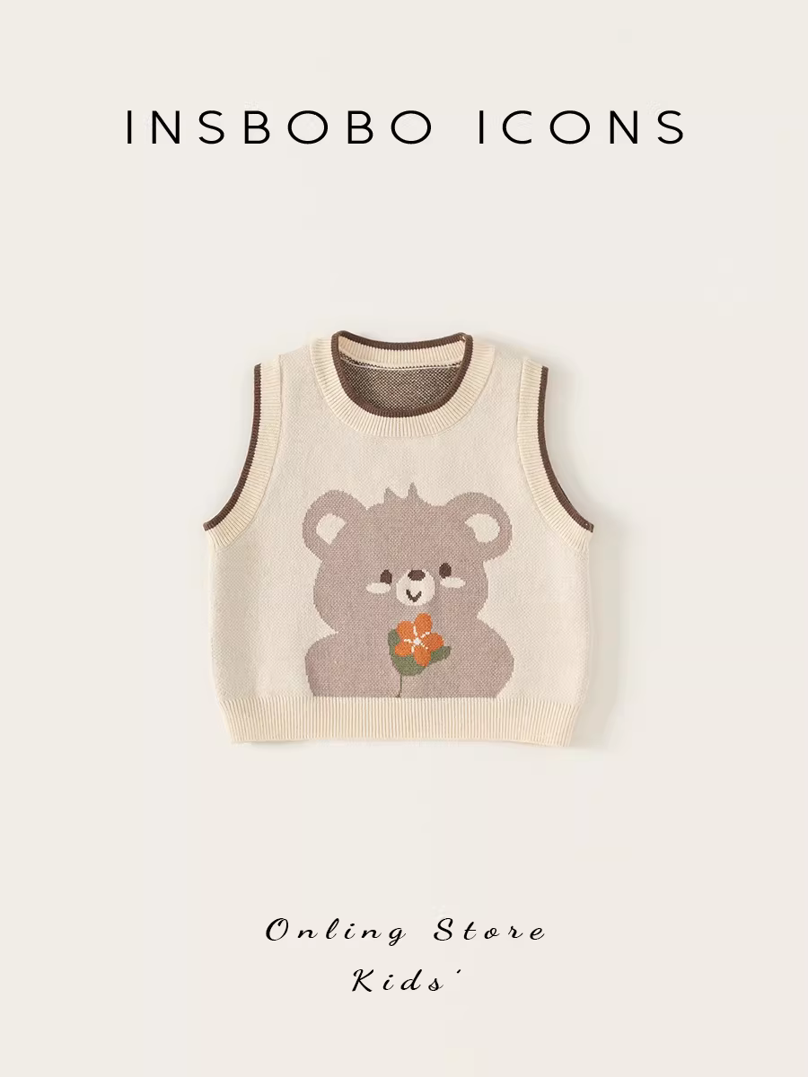 Áo len bé INSbobo, áo gile thu đông 2025, kiểu thu mới, áo bé gái hình gấu, áo bé trai kiểu pullover