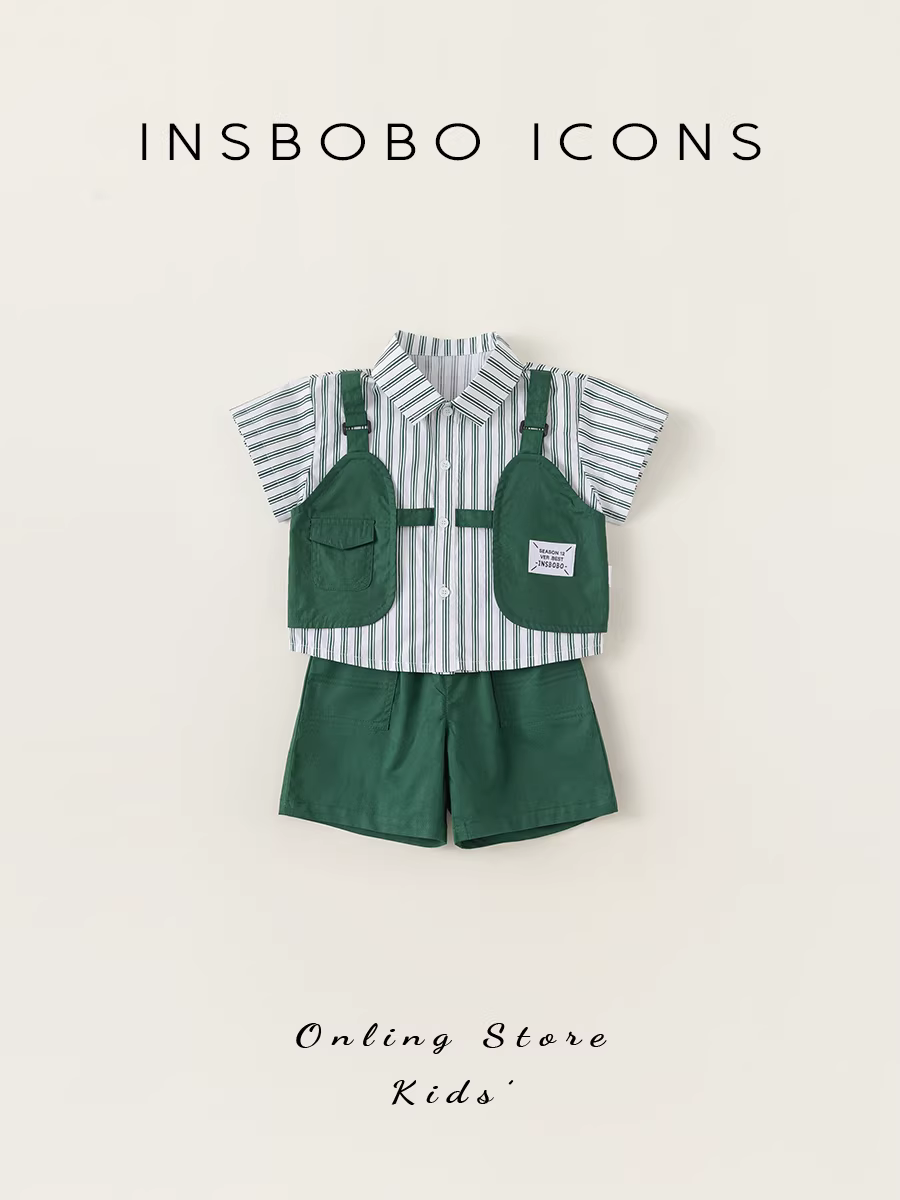 Bộ đồ bé trai INSbobo mùa hè 2025, trang phục thời trang, quần áo trẻ em hợp xu hướng, áo sơ mi trẻ em hai mảnh, phong cách thời trang thường ngày