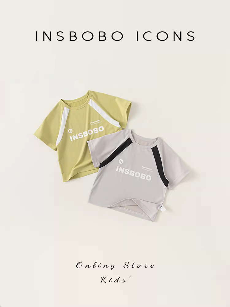 INSbobo áo thun ngắn tay in chữ mới 2024 dành cho trẻ em, áo thun trẻ em thông thường đa năng, thấm hút mồ hôi, quần áo hợp thời trang mùa hè